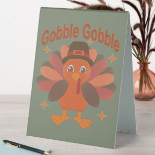 Cute Thanksgiving Turkey Cartoon – “Gobble Gobble” Table Tent