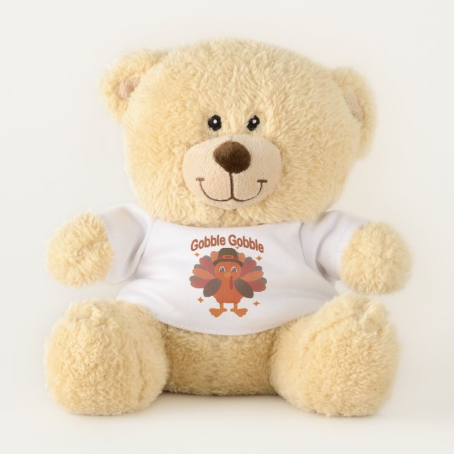 Cute Thanksgiving Turkey Cartoon – “Gobble Gobble” Teddy Bear (Front)