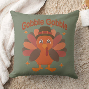 Cute Thanksgiving Turkey Cartoon – “Gobble Gobble” Throw Pillow
