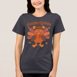 Cute Thanksgiving Turkey Cartoon – “Gobble Gobble” Tri-Blend Shirt