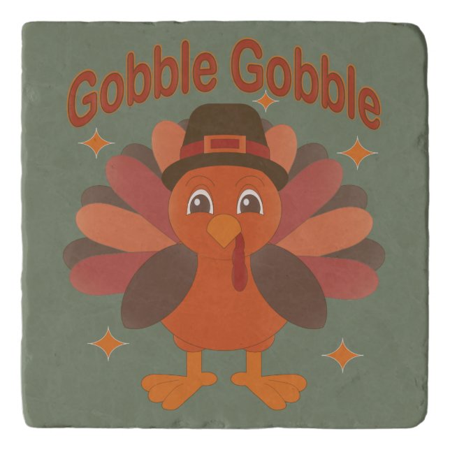 Cute Thanksgiving Turkey Cartoon – “Gobble Gobble” Trivet (Front)
