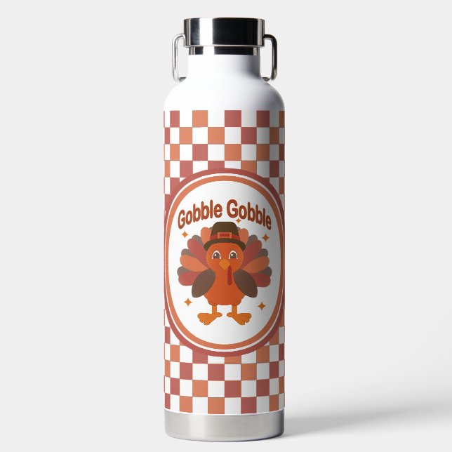 Cute Thanksgiving Turkey Cartoon – “Gobble Gobble” Water Bottle (Front)