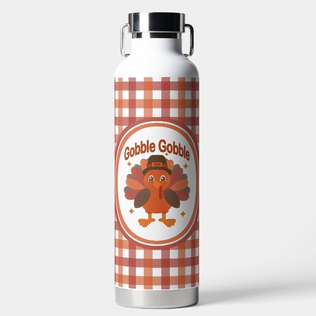 Cute Thanksgiving Turkey Cartoon – “Gobble Gobble” Water Bottle (Front)