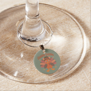 Cute Thanksgiving Turkey Cartoon – “Gobble Gobble” Wine Charm