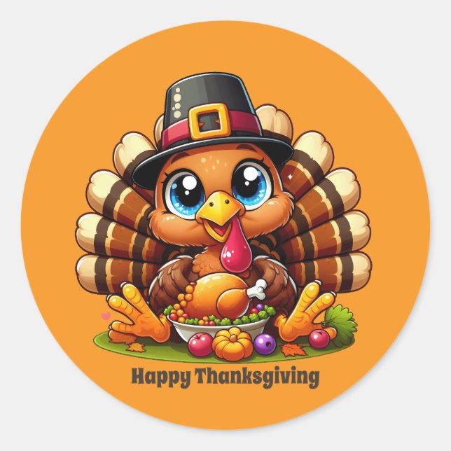 Cute Thanksgiving turkey customizable  Classic Round Sticker (Front)