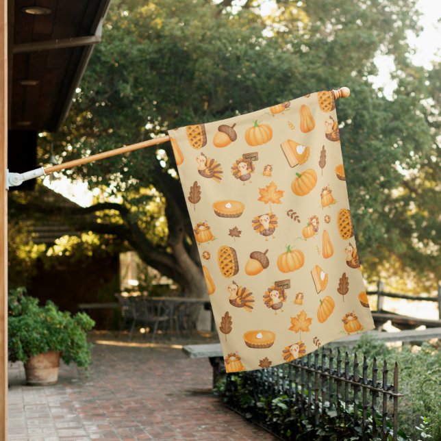Cute Thanksgiving Turkey Pattern House Flag (In SItu)