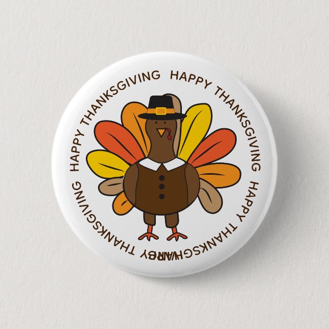 Cute Thanksgiving Turkey Pilgrim Pinback Button (Front)