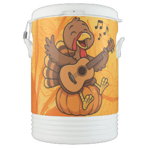 Cute Thanksgiving turkey with guitar Beverage Cooler