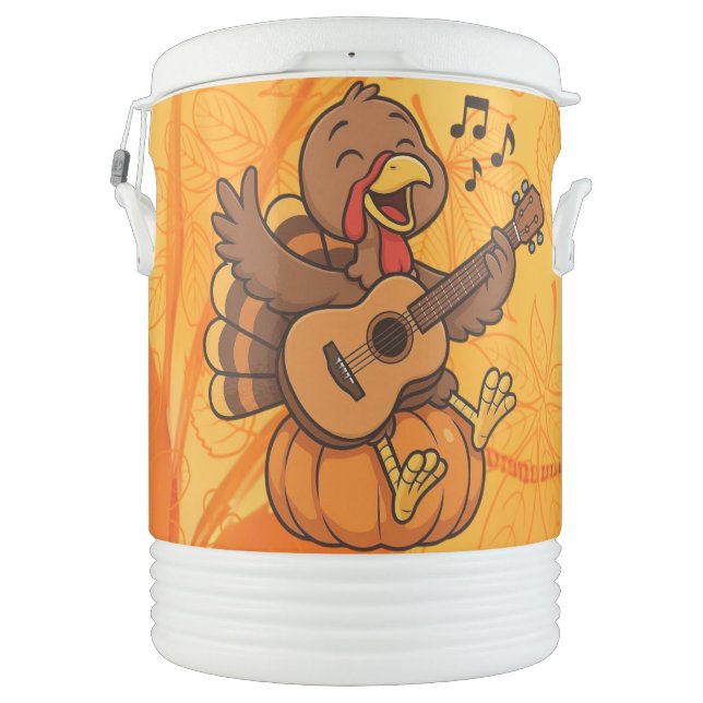 Cute Thanksgiving turkey with guitar Beverage Cooler (Back)