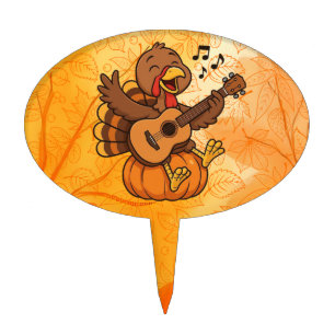 Cute Thanksgiving turkey with guitar Cake Topper
