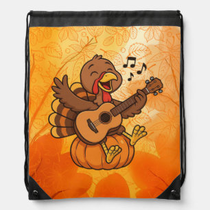 Cute Thanksgiving turkey with guitar Drawstring Bag