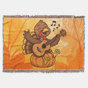 Cute Thanksgiving turkey with guitar Throw Blanket