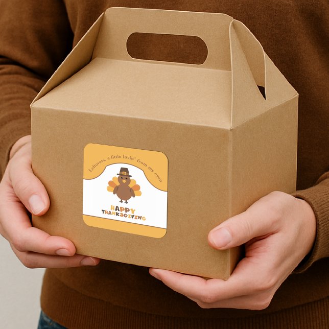 Cute Thanksgiving Turkey Yellow Leftovers Take Out Square Sticker (Creator Uploaded)