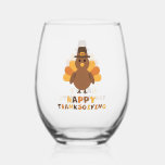 Cute Thanksgiving Turkey yellow Stemless Wine Glass