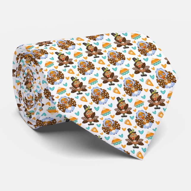 Cute Thanksgiving Turkeys, Pies and Hearts Neck Tie (Rolled)