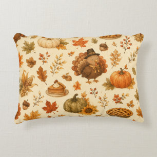 Cute Thanksgiving Watercolor Pattern with Turkeys Accent Pillow