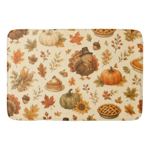 Cute Thanksgiving Watercolor Pattern with Turkeys Bath Mat