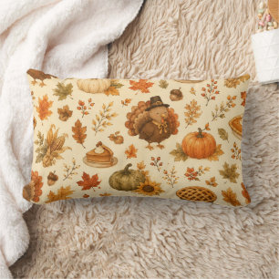 Cute Thanksgiving Watercolor Pattern with Turkeys Lumbar Pillow