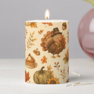 Cute Thanksgiving Watercolor Pattern with Turkeys Pillar Candle
