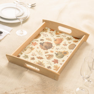Cute Thanksgiving Watercolor Pattern with Turkeys Serving Tray