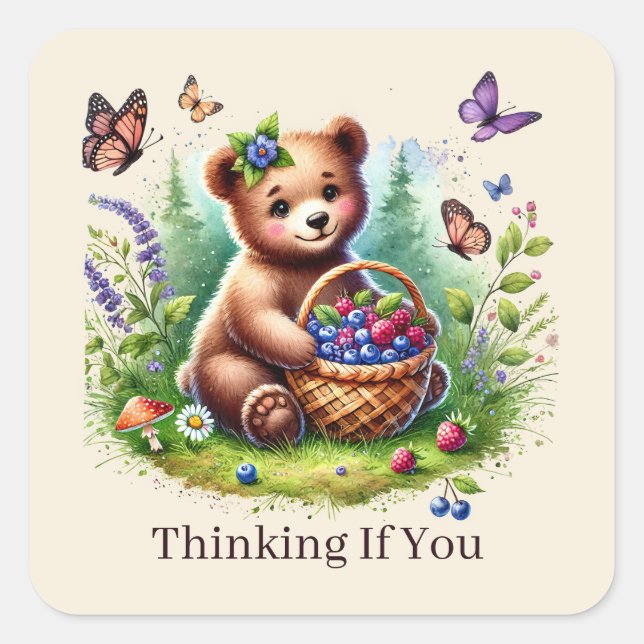 cute thinking of you bear customizable square sticker (Front)