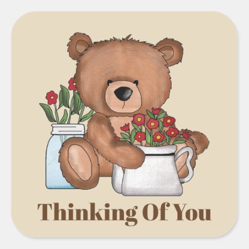 Cute thinking of you bear square sticker