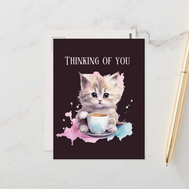 Cute Thinking of you coffee cat  Postcard (Front/Back In Situ)