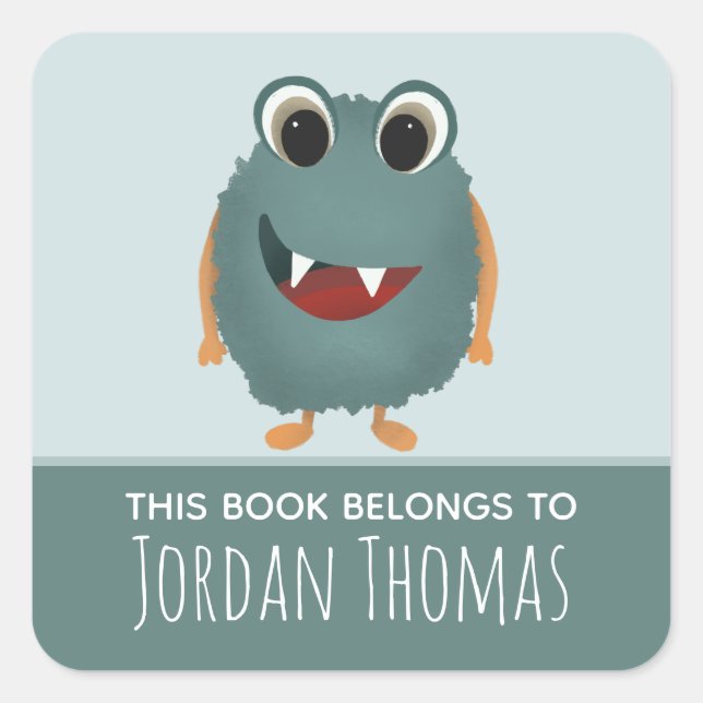 Cute 'This Book Belongs' Blue Monster Bookplate (Front)