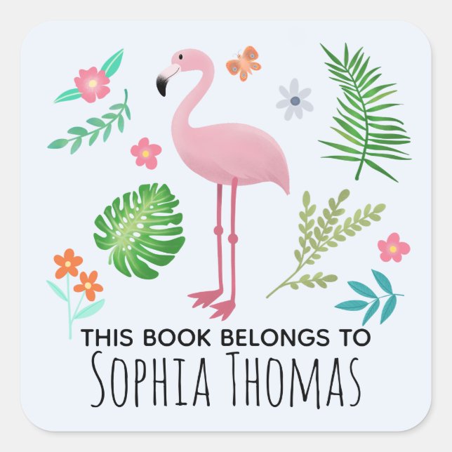 Cute 'This Book Belongs' Flamingo Kids Bookplate (Front)