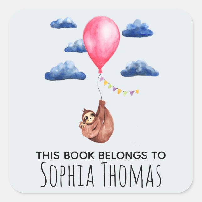 Cute 'This Book Belongs' Sloth Name Kids Bookplate (Front)