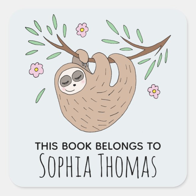 Cute 'This Book Belongs' Sloth Name Kids Bookplate (Front)