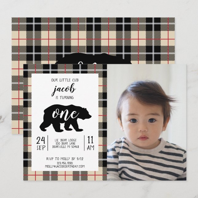 Cute Thomson Camel Plaid Baby Photo 1st Birthday Invitation (Front/Back)