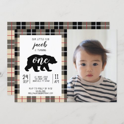 Cute Thomson Camel Plaid Baby Photo 1st Birthday Invitation