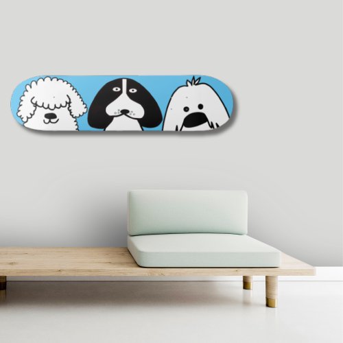 Cute three black and white doodle dogs peeking  skateboard