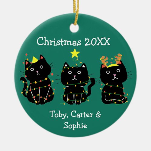 Cute Three Cat Christmas Lights Custom Names Green Ceramic Ornament
