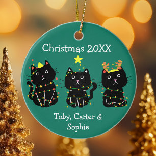 Cute Three Cat Christmas Lights Custom Names Green Ceramic Ornament