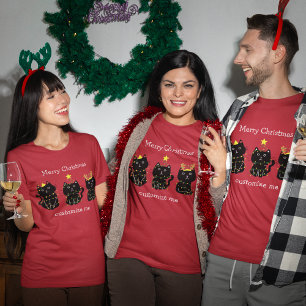 Cute Three Cat Christmas Lights Custom Red Holiday T-Shirt