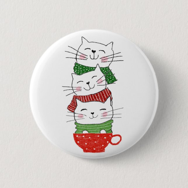 Cute Three Cats Stacked Cup Holiday Scarves Funny Button (Front)