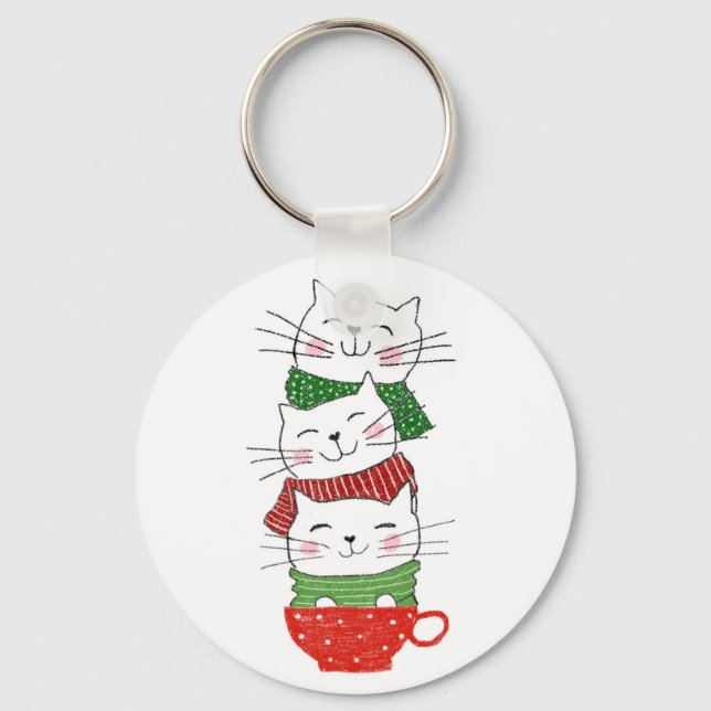 Cute Three Cats Stacked Cup Holiday Scarves Funny Keychain (Front)