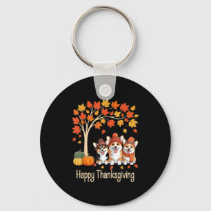 Cute Three Corgi Dogs Pumpkins Fall Tree Happy Tha Keychain