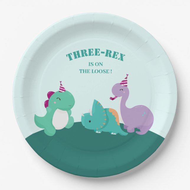 Cute Three Dinosaur Birthday Paper Plates (Front)