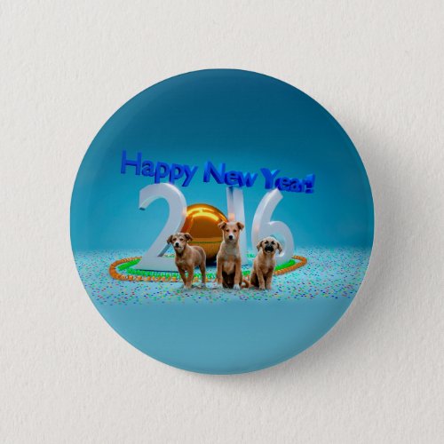 Cute Three Dogs Wishing Happy New Year 2016 Button