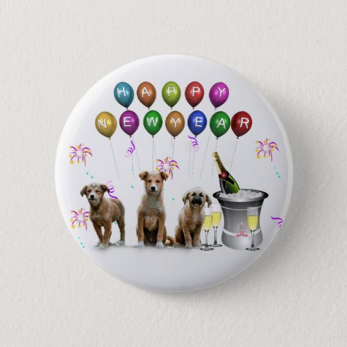 Cute Three Dogs Wishing Happy New Year 2016 Button