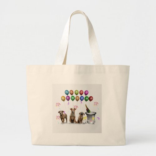 Cute Three Dogs Wishing Happy New Year 2016 Large Tote Bag