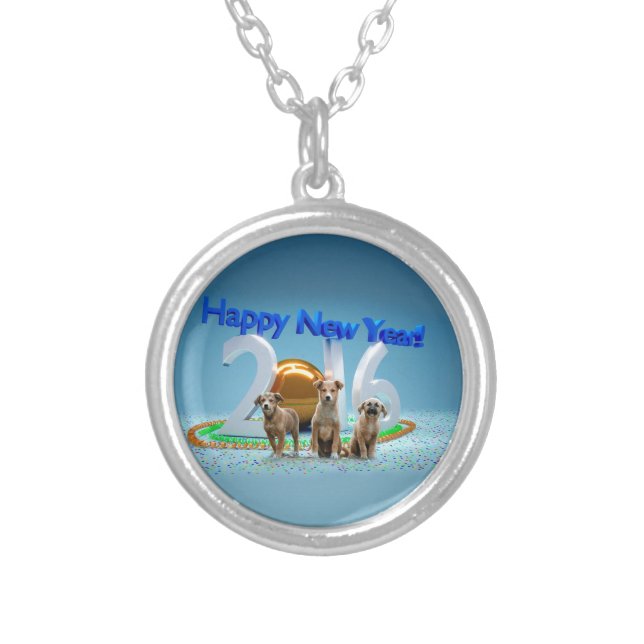 Cute Three Dogs Wishing Happy New Year 2016 Silver Plated Necklace (Front)