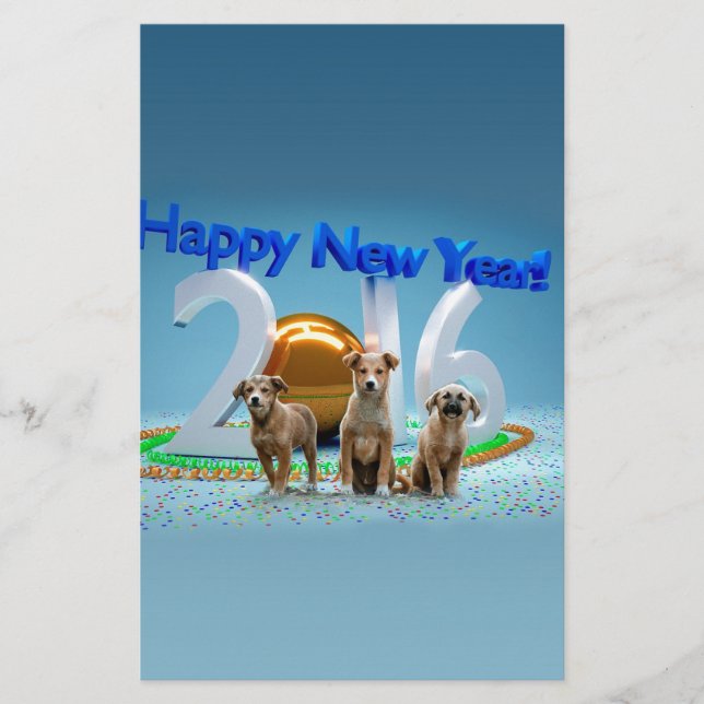 Cute Three Dogs Wishing Happy New Year 2016 Stationery (Front)