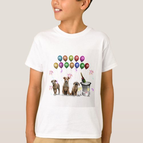 Cute Three Dogs Wishing Happy New Year 2016 T_Shirt