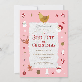 Cute Three French Hens 3rd Day of Christmas Party Invitation