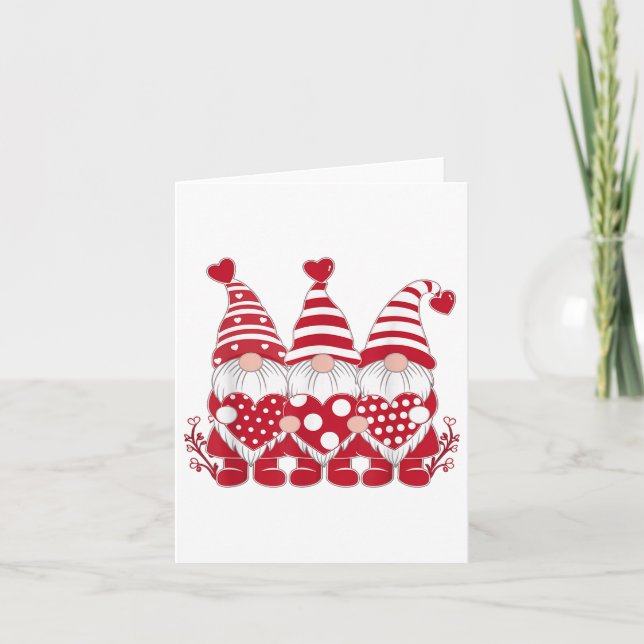 Cute Three Gnomes Holding Red Heart Valentines Day Card (Front)