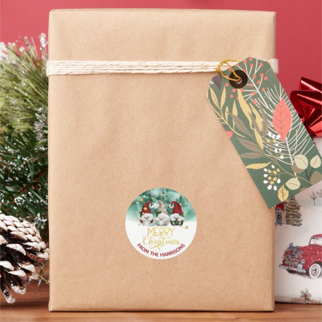 Cute Three Gnomes Merry Christmas Forest Classic R Classic Round Sticker (Holiday)